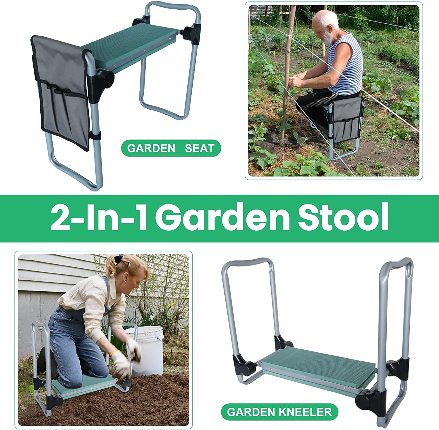 Upgrade Foldable Garden Kneeler Bench Workseats and Seat Stool w/  Tool Pocket and Soft EVA Kneeling Pad (Wider)