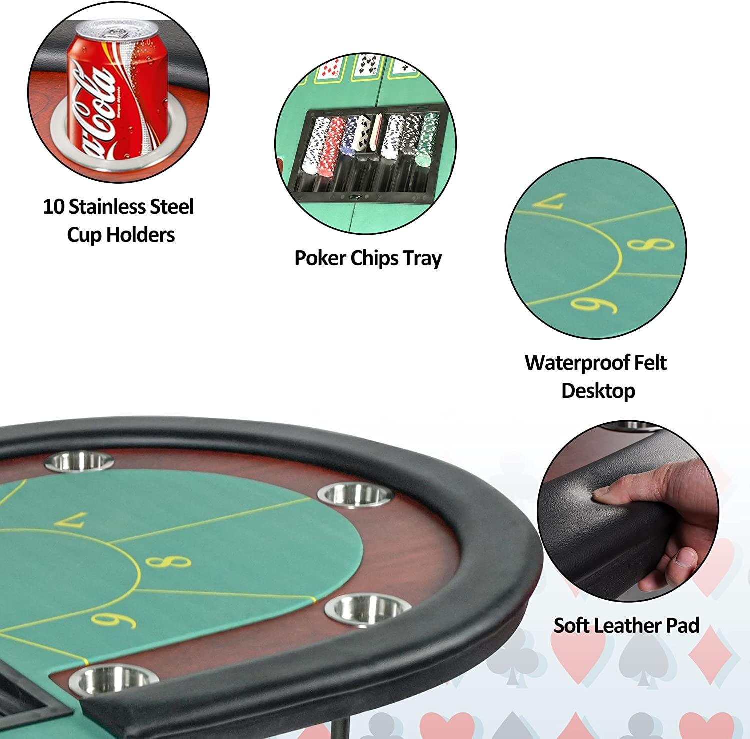 10 Player Oval Folding Poker Table Texas Holdem Poker Table with Stainless Steel Cup Holders, Green