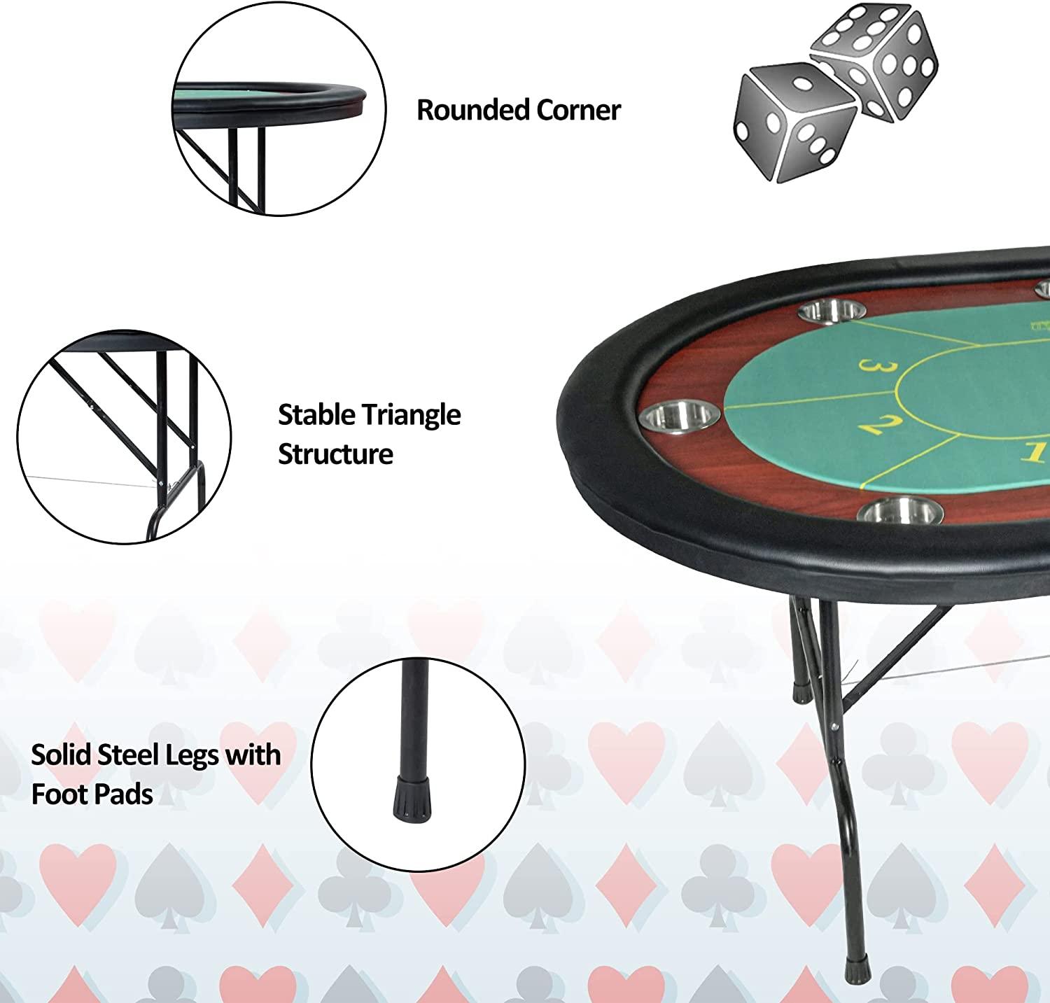 10 Player Oval Folding Poker Table Texas Holdem Poker Table with Stainless Steel Cup Holders, Green