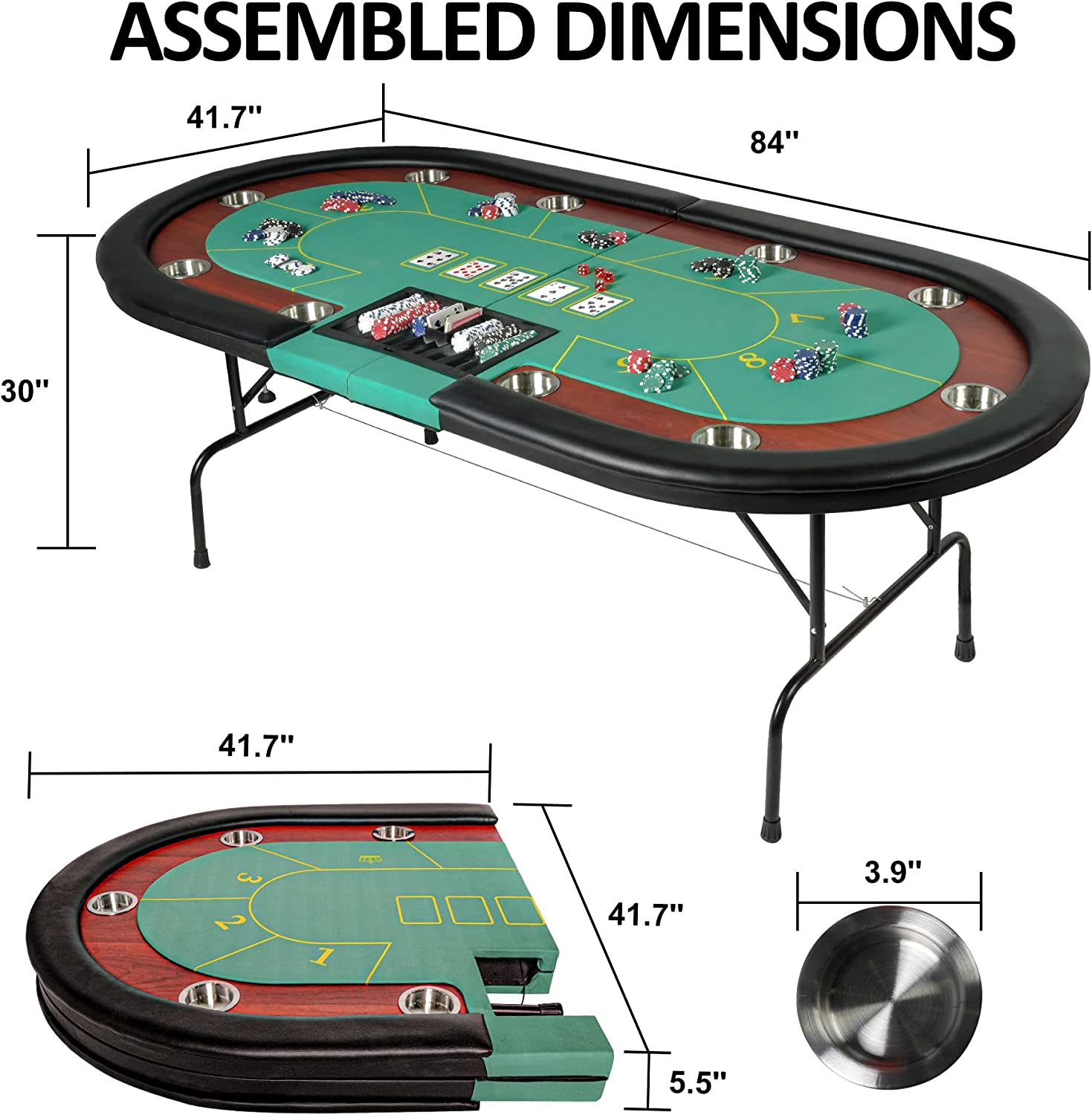 10 Player Oval Folding Poker Table Texas Holdem Poker Table with Stainless Steel Cup Holders, Green