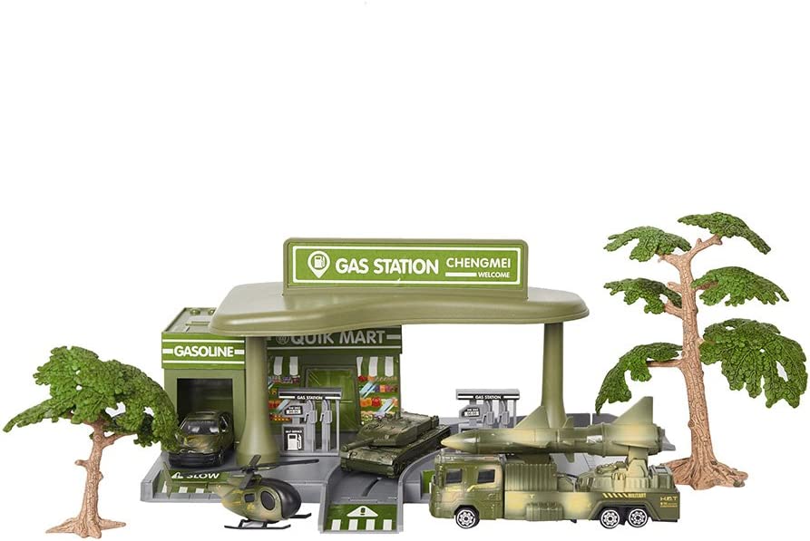 Pretend Toddler's Military Gasoline Station Toy Set with Cars, Green Color Army Men Vehicles