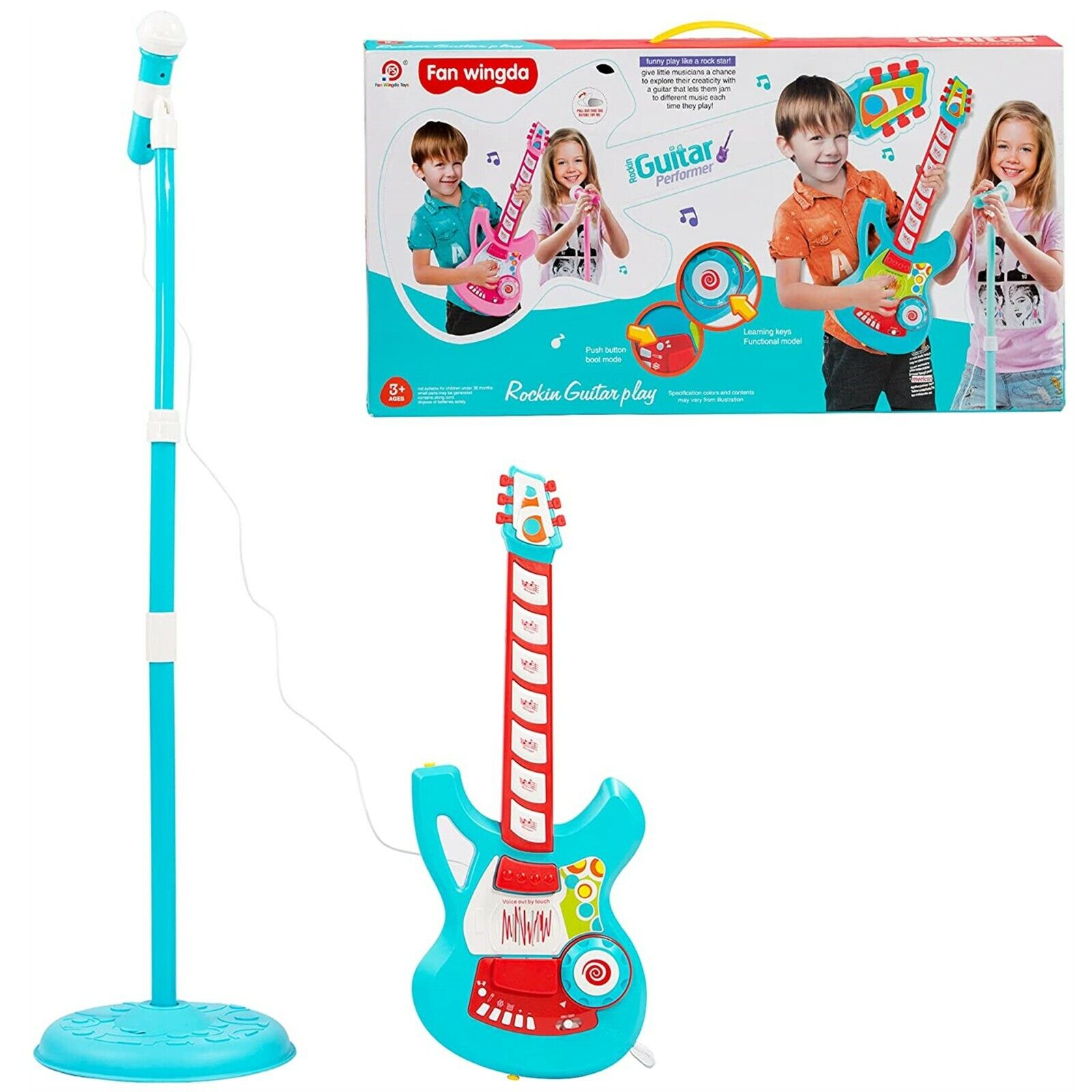 (Out of Stock) Kids Electric Guitar Play Set Toy with Microphone Speaker and Stand, Blue