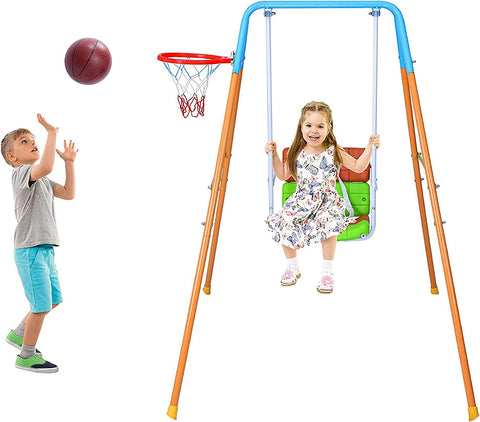 2 in 1 Kids Heavy Duty Steel Swing Seat Toddler Swing Playset Basketball Hoop Set with Ball and Pump