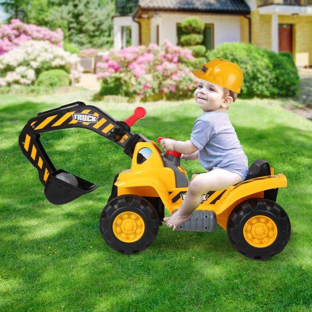 Kids Ride On Excavator Toy with Simulated Sounds Boys Pretend Play Construction Truck Digger Tractor with Steering Wheel, Helmet, Rocks - Bosonshop