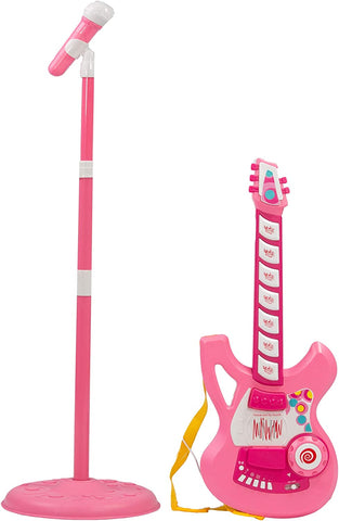 Kids Electric Guitar Beginner Kits Play Set with Microphone Speaker and Stand, Pink