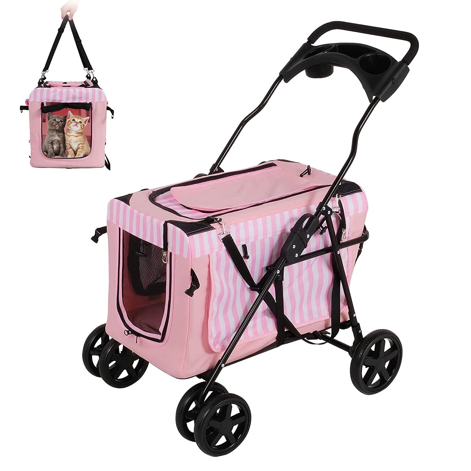 3-in-1 Folding Pet Stroller Travel Pet Gear Stroller with Detachable Carrier Bag & Water Cup Holder, Pink