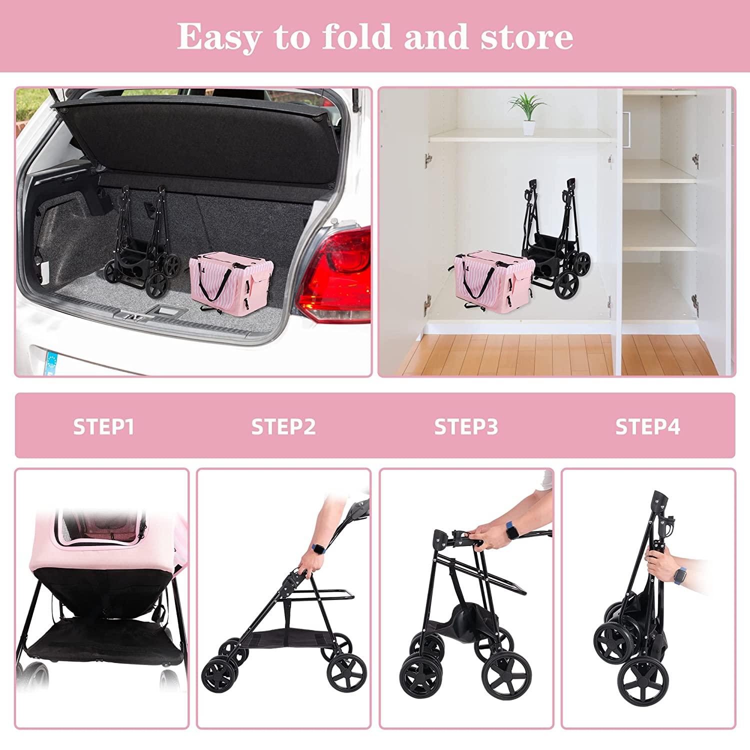 3-in-1 Folding Pet Stroller Travel Pet Gear Stroller with Detachable Carrier Bag & Water Cup Holder, Pink