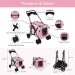 3-in-1 Folding Pet Stroller Travel Pet Gear Stroller with Detachable Carrier Bag & Water Cup Holder, Pink