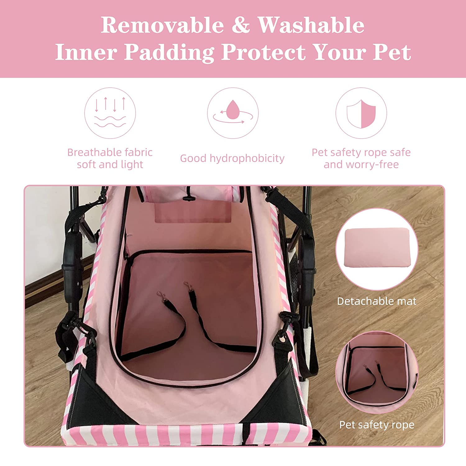 3-in-1 Folding Pet Stroller Travel Pet Gear Stroller with Detachable Carrier Bag & Water Cup Holder, Pink