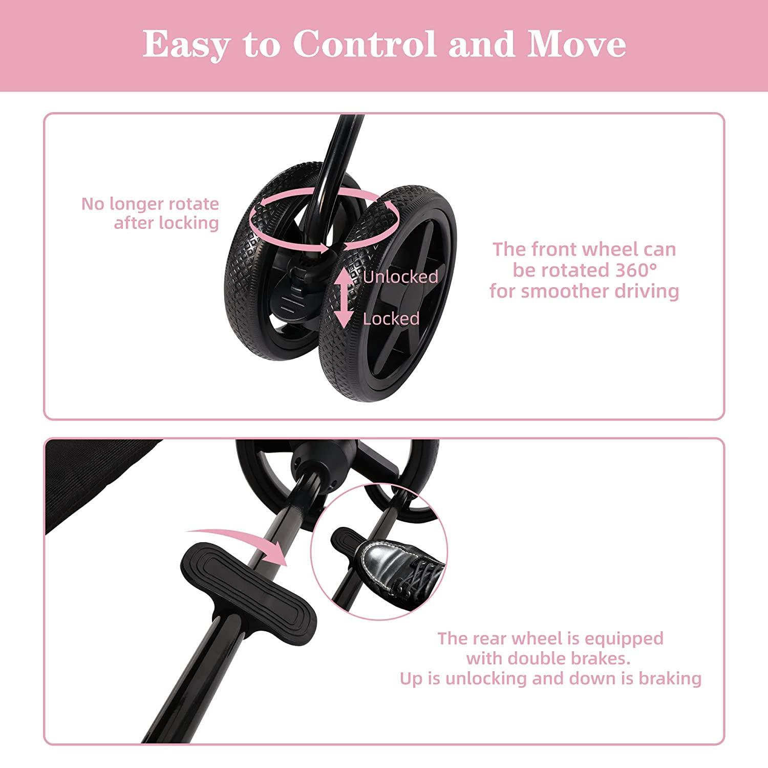 3-in-1 Folding Pet Stroller Travel Pet Gear Stroller with Detachable Carrier Bag & Water Cup Holder, Pink - Bosonshop