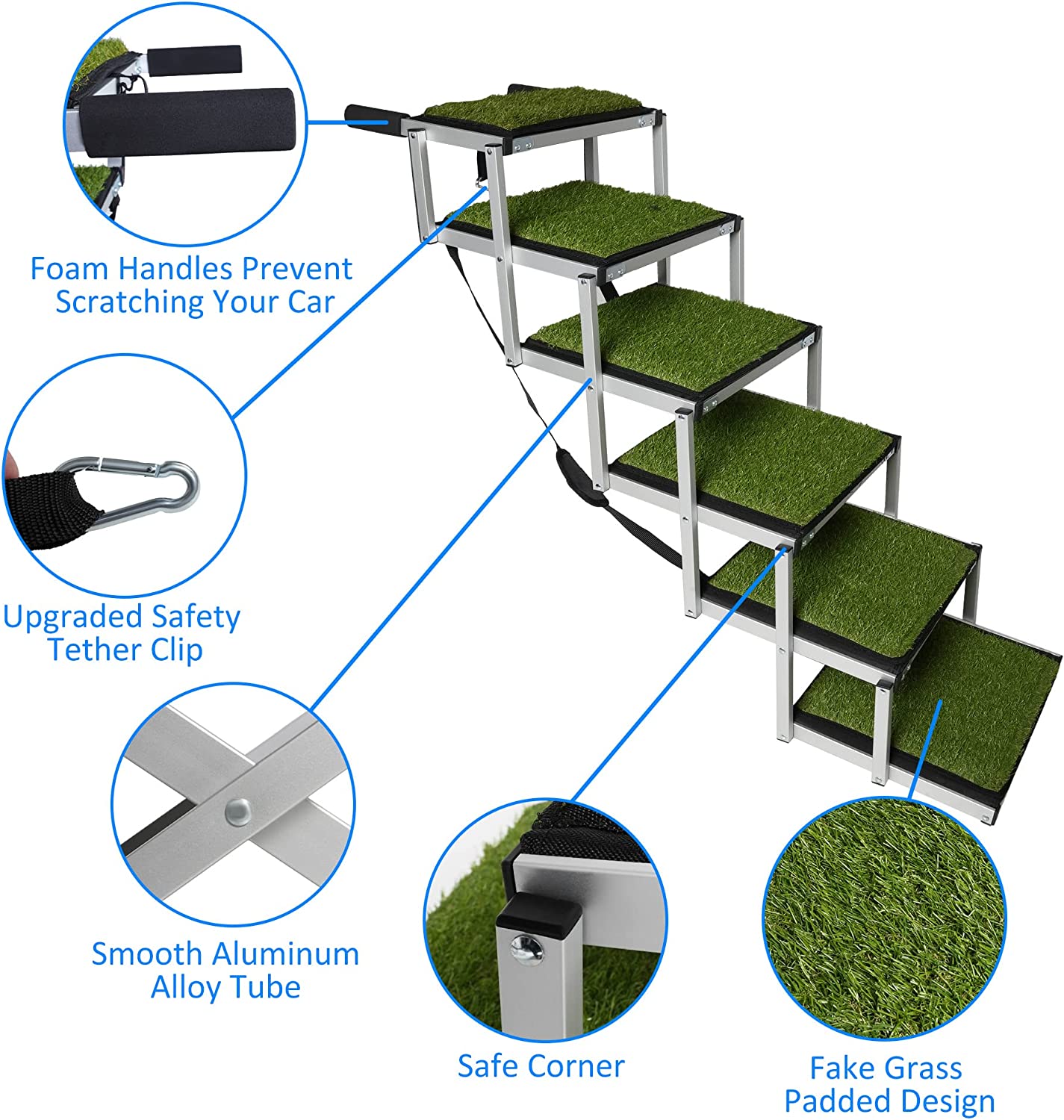 Foldable Aluminum Alloy 6 Steps Dog Stairs with Artificial Turf Non-Slip Surface for Large Dogs, Supports up to 150Lbs