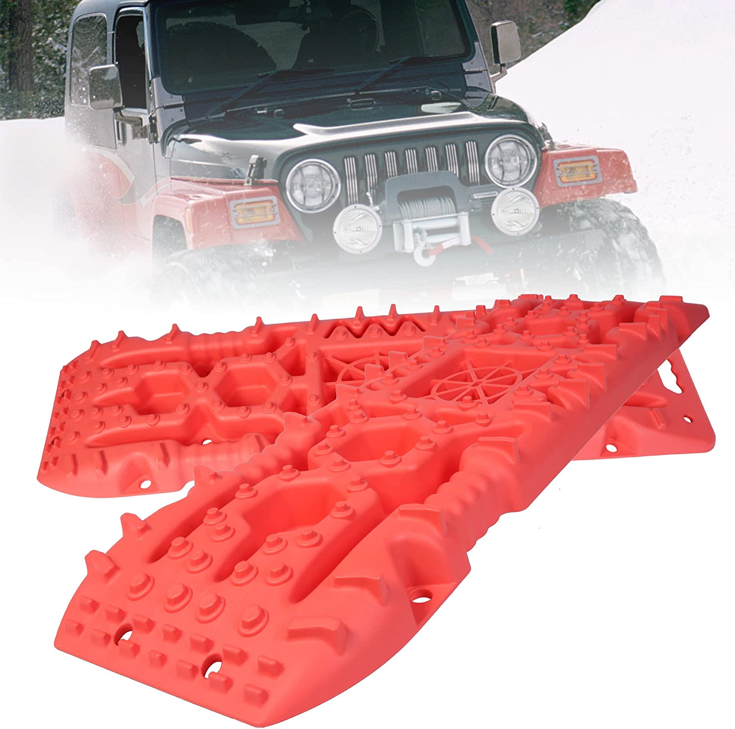 (Out of Stock) 2 Pack Traction Boards with Jack Lift Base,Recovery Track Traction Mat for 4WD SUV, Jeep Tire Traction Tool Suitable for Mud, Sand, Snow, Ice Red