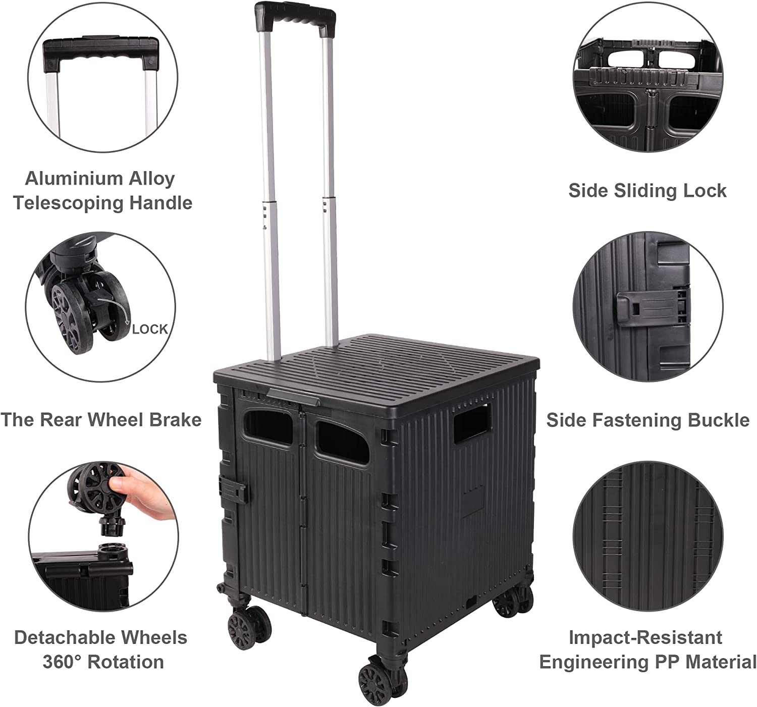 Foldable Portable Storage Rolling Utility Cart  Crate with Telescoping Handle & Lid, Black