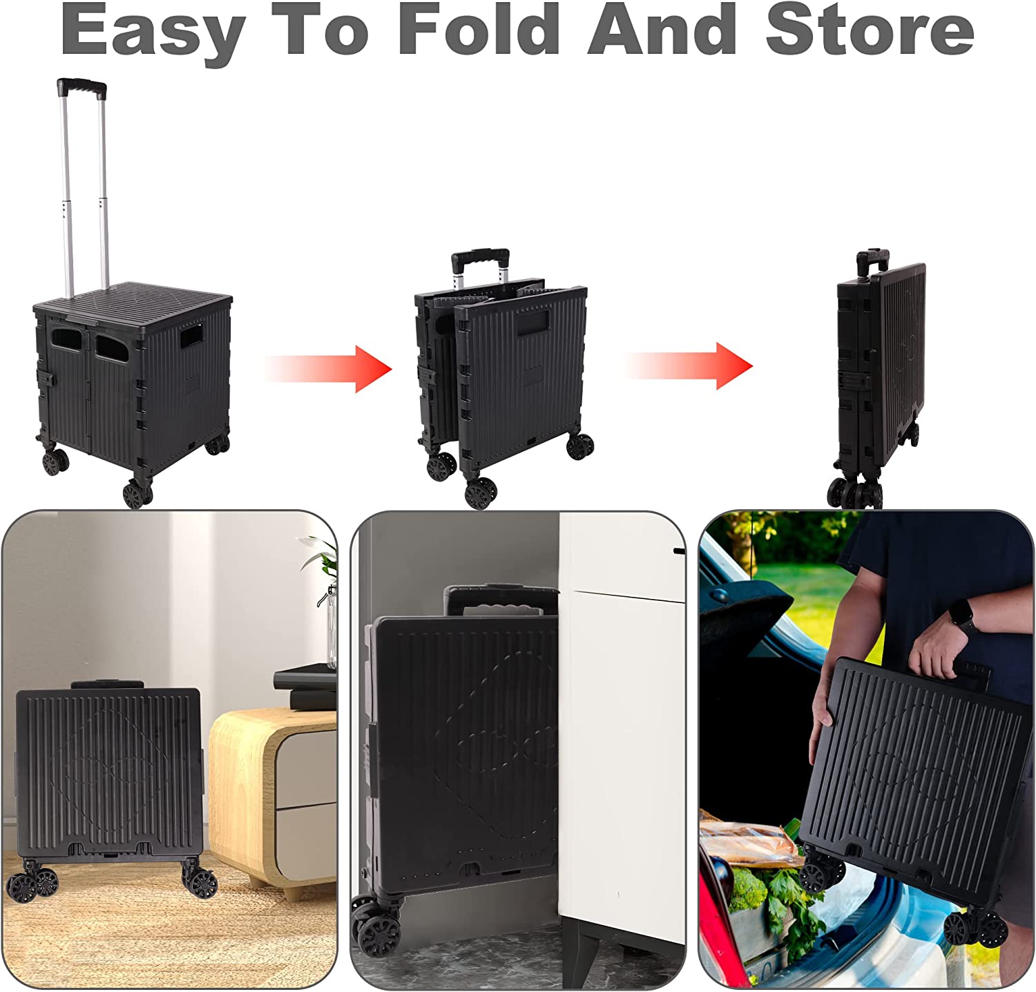 Foldable Portable Storage Rolling Utility Cart  Crate with Telescoping Handle & Lid, Black
