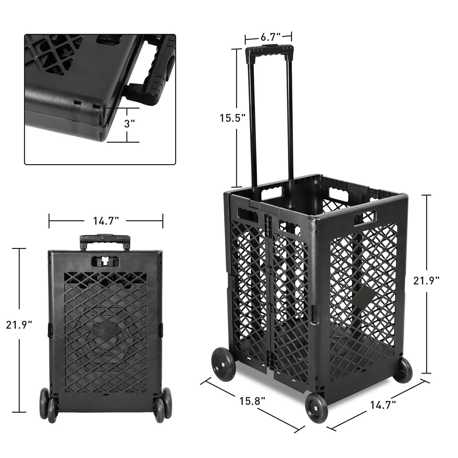 70L Foldable Rolling Cart Crate with Wheels Collapsible Basket with Telescopic Handle, Black