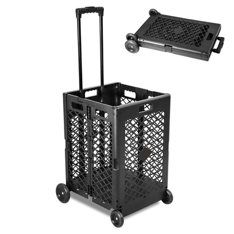 Foldable Rolling Cart Crate with Wheels Collapsible Basket with Telescopic Handle, 66 lbs Capacity