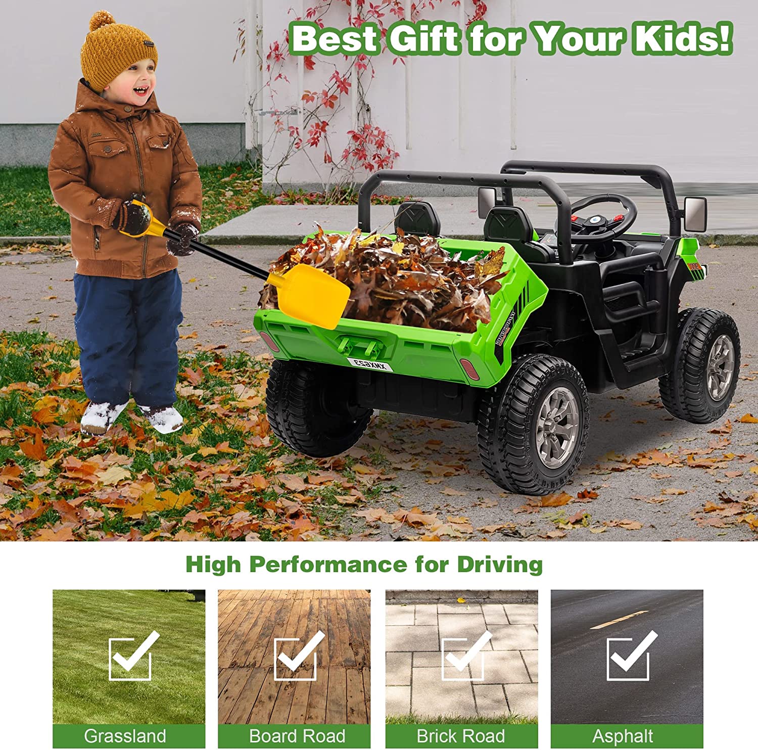 24V 2-Seater Kids Ride On Dump Truck with Dump Bed and Shovel, Kids UTV Battery Powered Cars w/ Remote Control