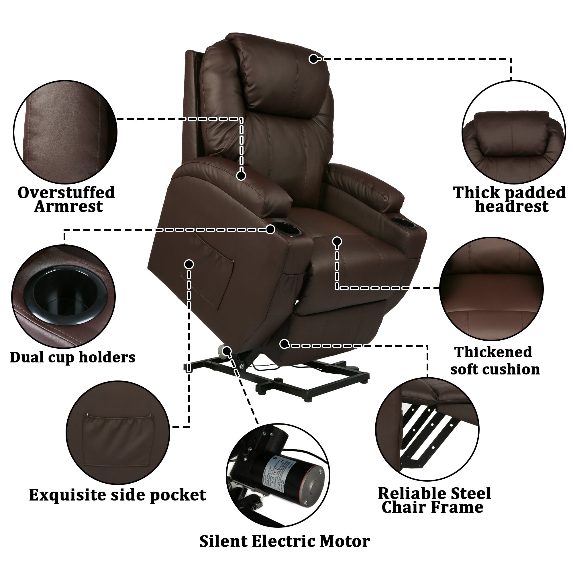 Power Lift Leather Sofa Electric Leather Full Body Massage Chair for Elderly with Massage and Heat, Brown