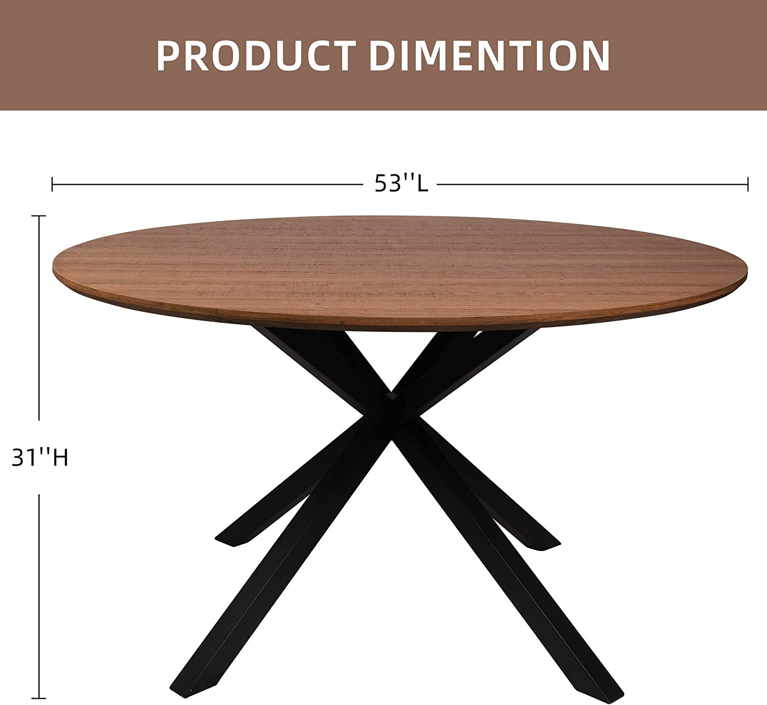 53" Mid-Century Modern Round Dining Room Table for 4-6 Person W/Solid Metal Legs, Walnut