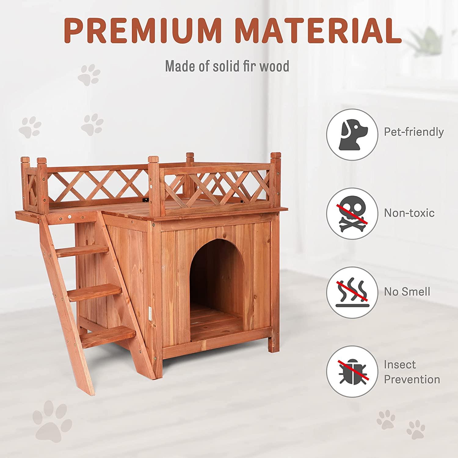 Out of Stock Pet Dog House 2 Story Weather Resistant Wooden Kennel with Roof Balcony and Stairs
