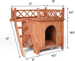 Pet Dog House, 2-Story Weather Resistant Wooden Kennel with Roof Balcony and Stairs - Bosonshop