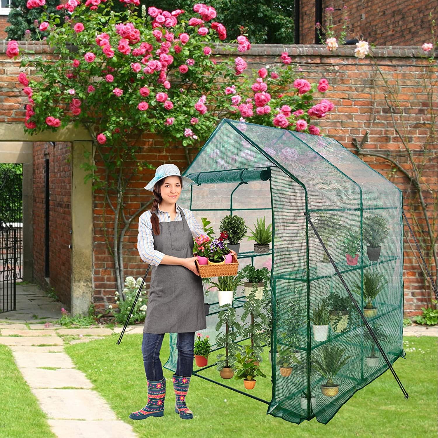 8 Shelves 3 Tiers Walk-in Greenhouse 56.3"L x 56.3"W x 76.8"H Portable Walk In Outdoor Planter House w/ Pegs Ropes - Bosonshop