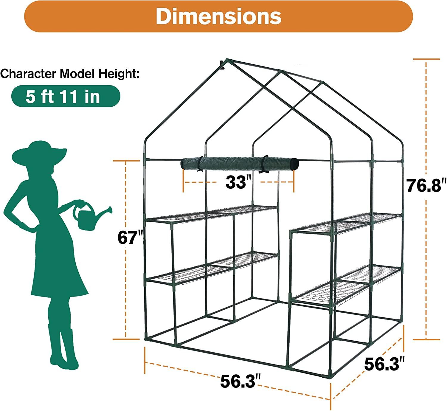 8 Shelves 3 Tiers Walk-in Greenhouse 56.3"L x 56.3"W x 76.8"H Portable Walk In Outdoor Planter House w/ Pegs Ropes