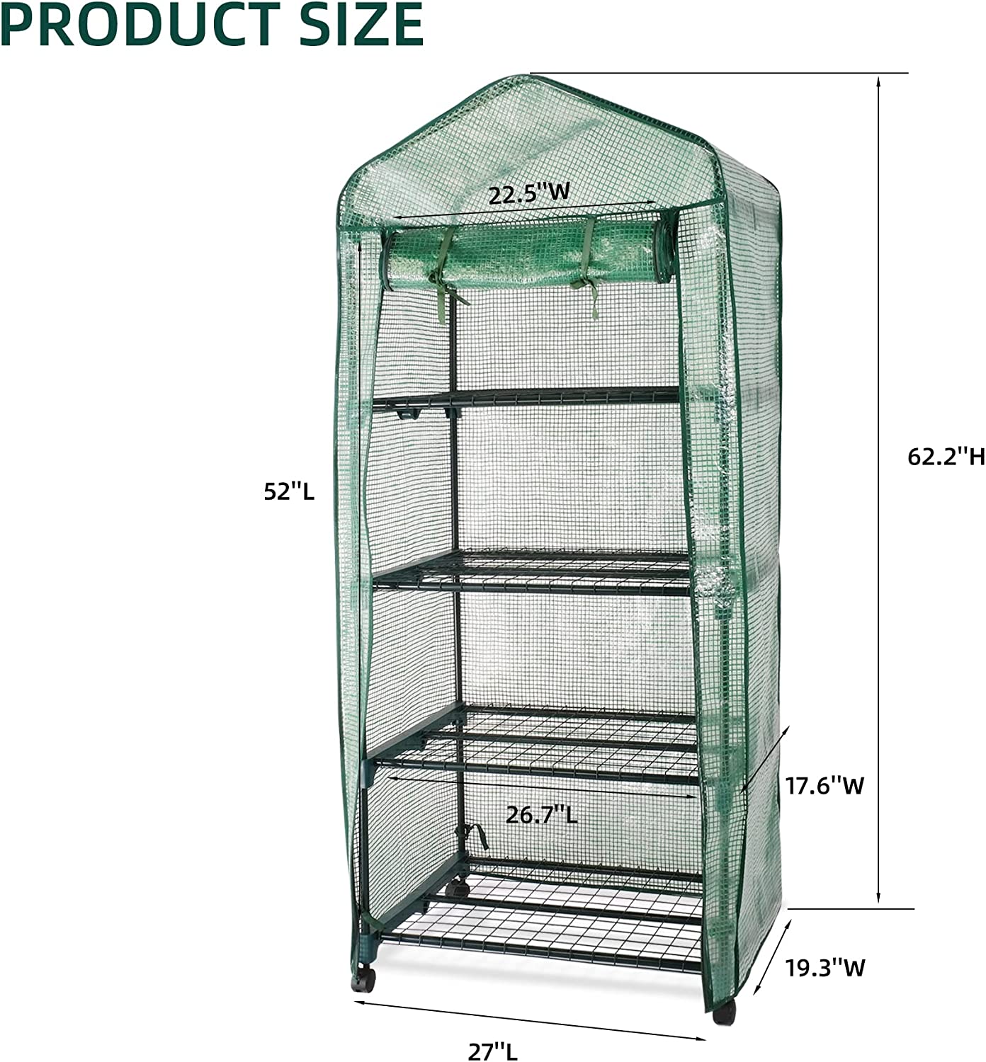 4-Tier Mini Greenhouse on Casters, Outdoor and Indoor Gardening Plant Greenhouse, Sturdy Gardening Shelves with PVC Cover and Rolling Zipper Door, Green, 27''Lx19.3''Wx62.2''H