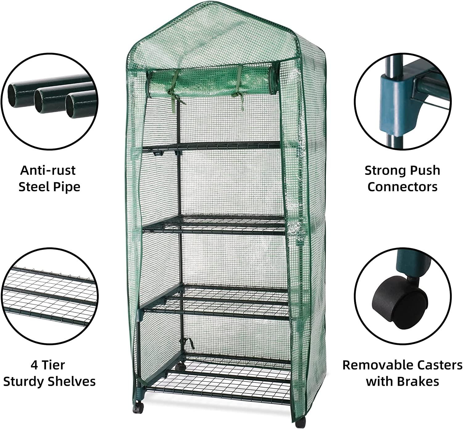 4-Tier Mini Greenhouse on Casters, Outdoor and Indoor Gardening Plant Greenhouse, Sturdy Gardening Shelves with PVC Cover and Rolling Zipper Door, Green, 27''Lx19.3''Wx62.2''H