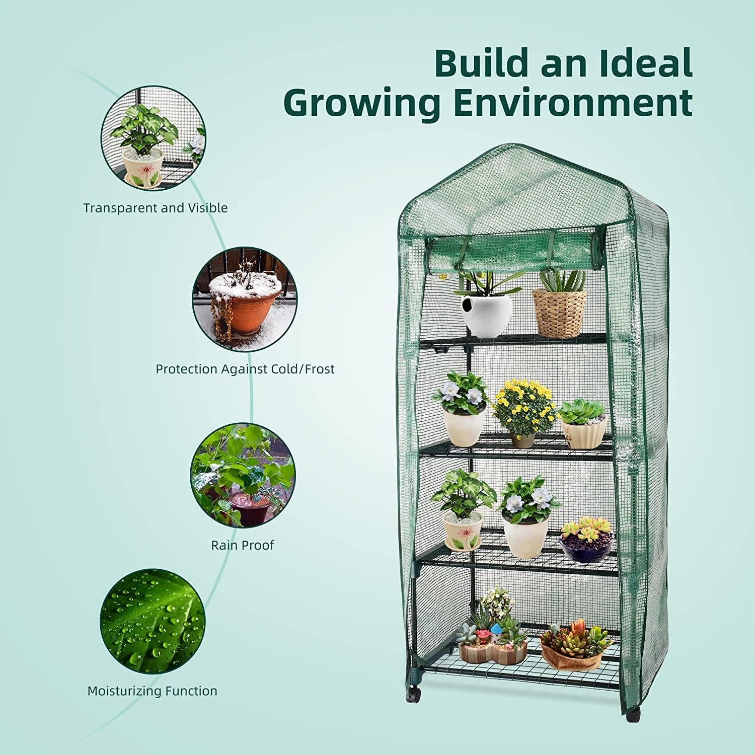 4-Tier Mini Greenhouse on Casters, Outdoor and Indoor Gardening Plant Greenhouse, Sturdy Gardening Shelves with PVC Cover and Rolling Zipper Door, Green, 27''Lx19.3''Wx62.2''H