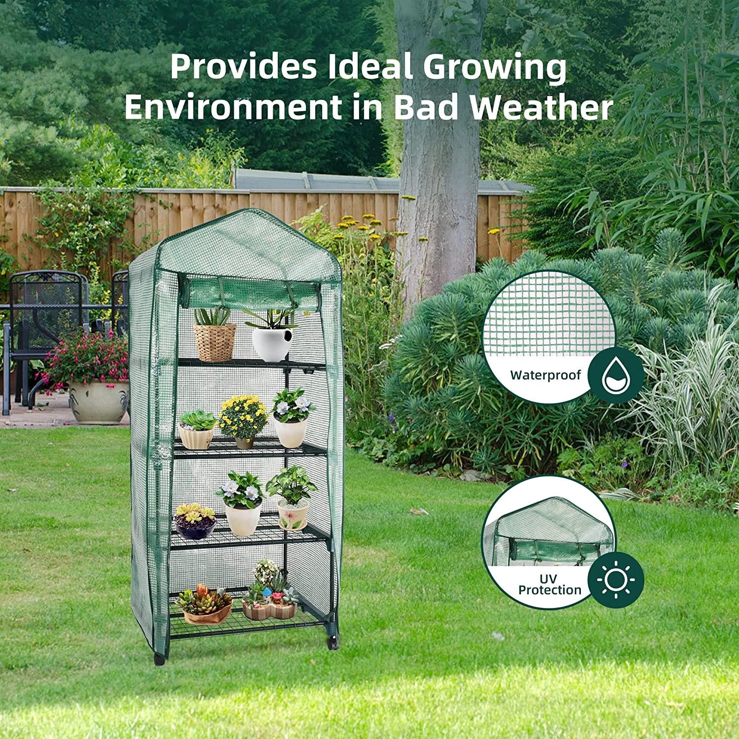 4-Tier Mini Greenhouse on Casters, Outdoor and Indoor Gardening Plant Greenhouse, Sturdy Gardening Shelves with PVC Cover and Rolling Zipper Door, Green, 27''Lx19.3''Wx62.2''H