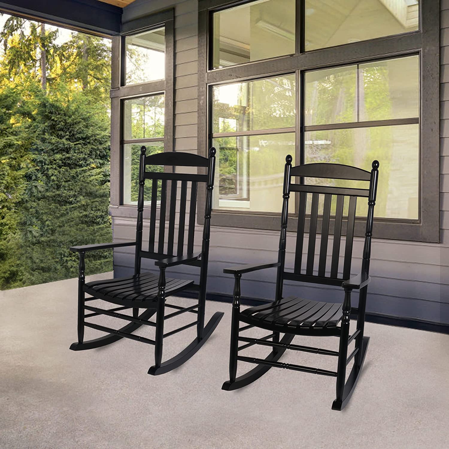 Set of 2 Outdoor Rocking Chairs, Outdoor Indoor Oversized Patio Rocker Chair High Back Rocker, Black