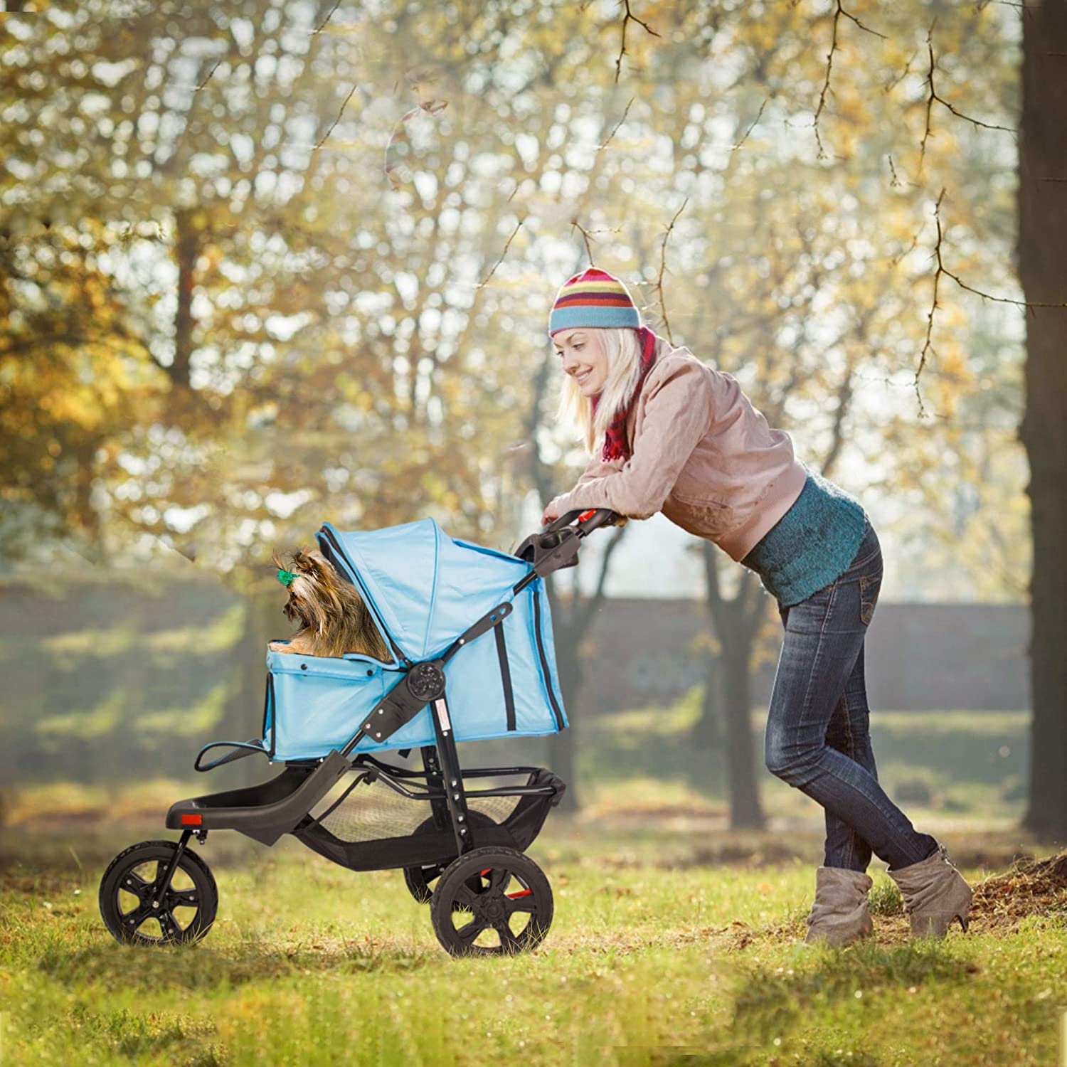 3-Wheels pet Stroller, Foldable Jogger Pet Stroller with Storage Basket - Bosonshop