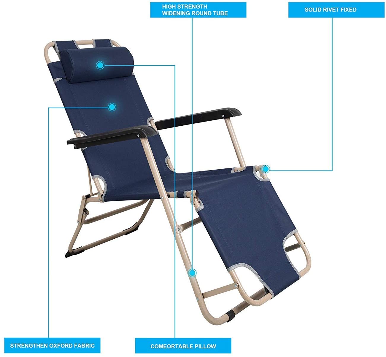 Set of 2 Outdoor Reclining Lounge Chairs Adjustable Folding Patio Recliners with Pillow Dark Blue