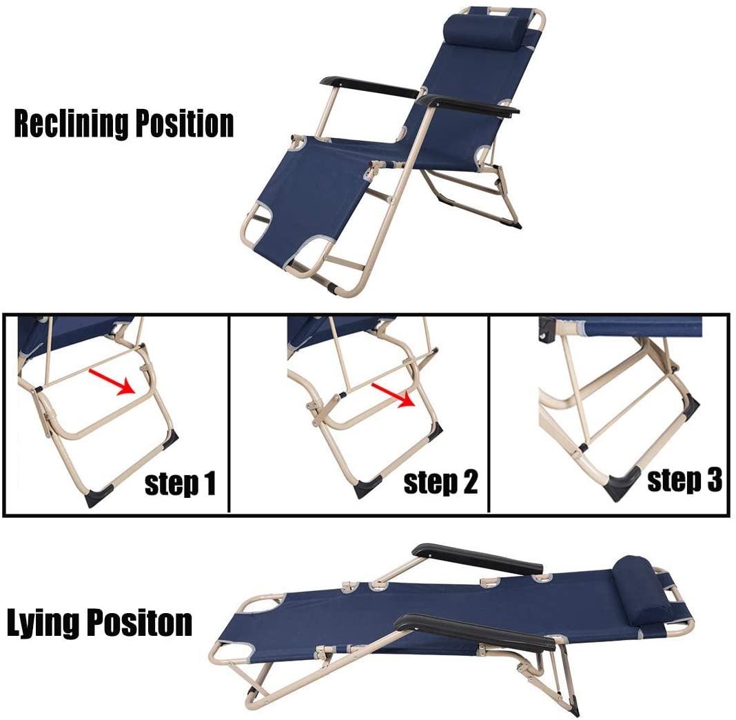 Set of 2 Outdoor Reclining Lounge Chairs Adjustable Folding Patio Recliners with Pillow Dark Blue