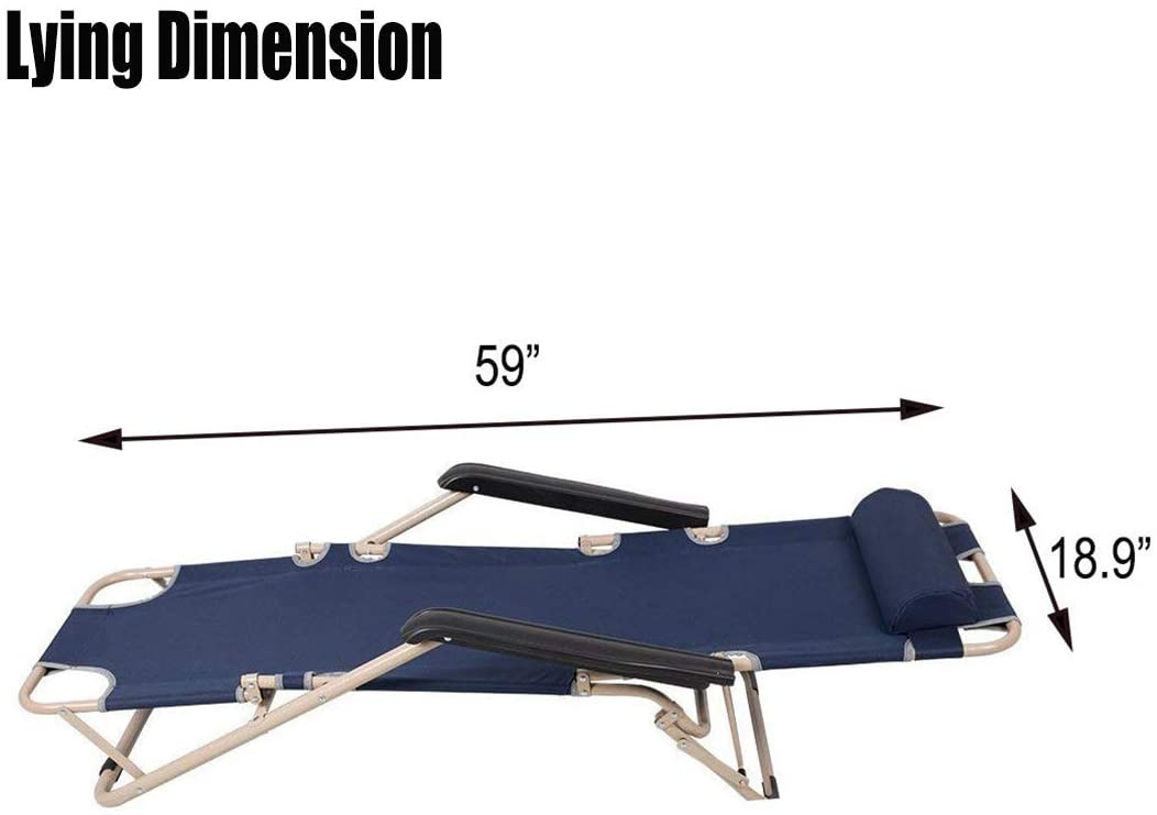 Set of 2 Outdoor Reclining Lounge Chairs Adjustable Folding Patio Recliners with Pillow Dark Blue