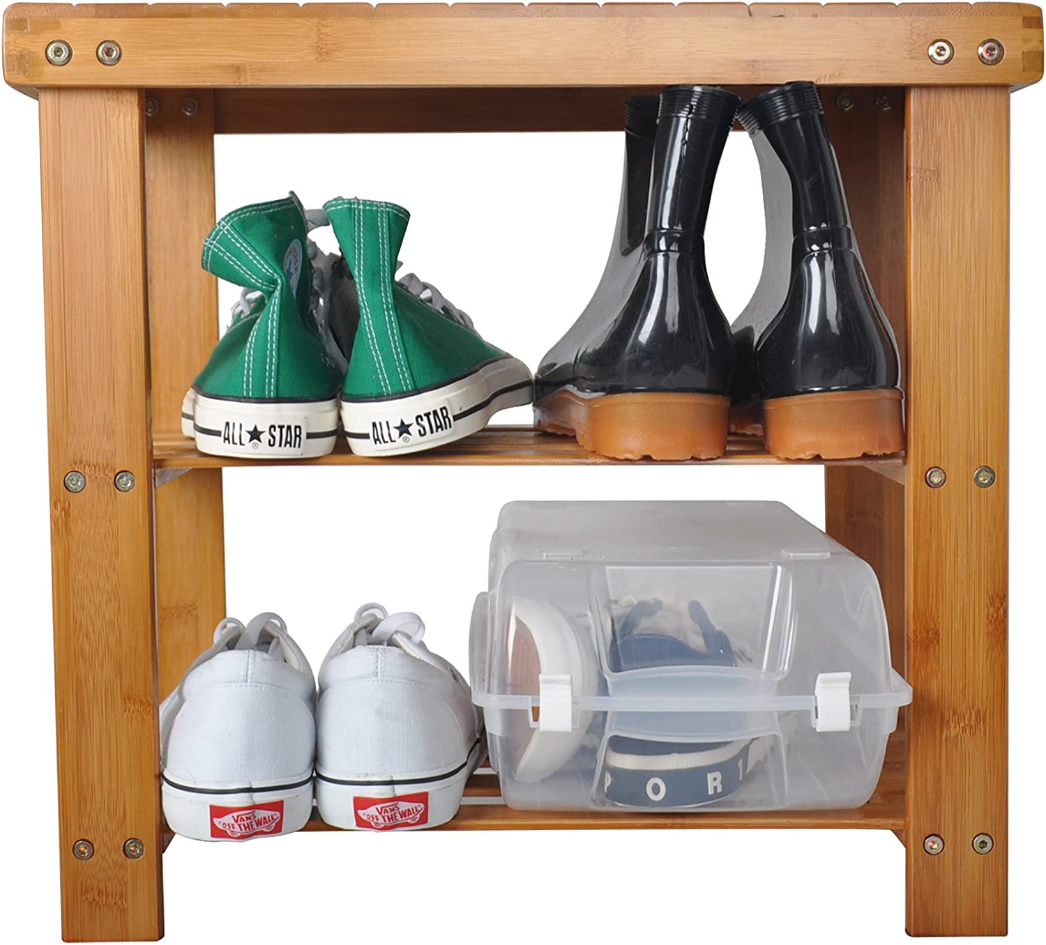 2- Tier Bamboo Shoe Entryway Storage Bench Rack Shoe Organizer