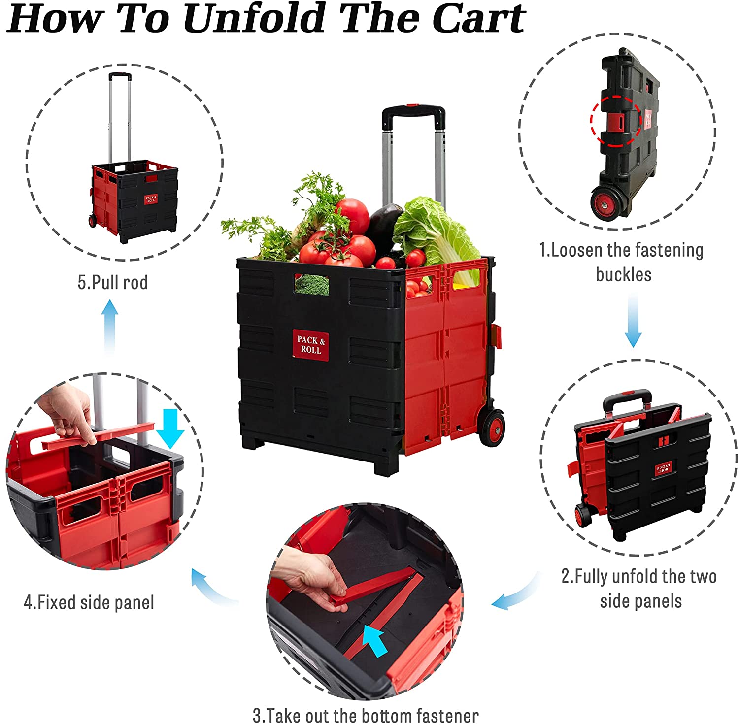 44L Medium Folding Rolling Utility Shopping Cart, Black & Red