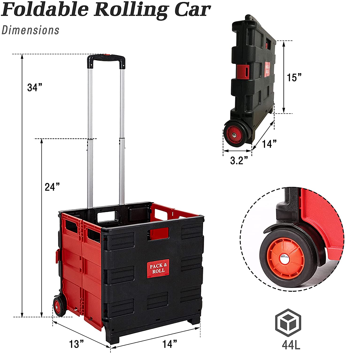 44L Medium Folding Rolling Utility Shopping Cart, Black & Red