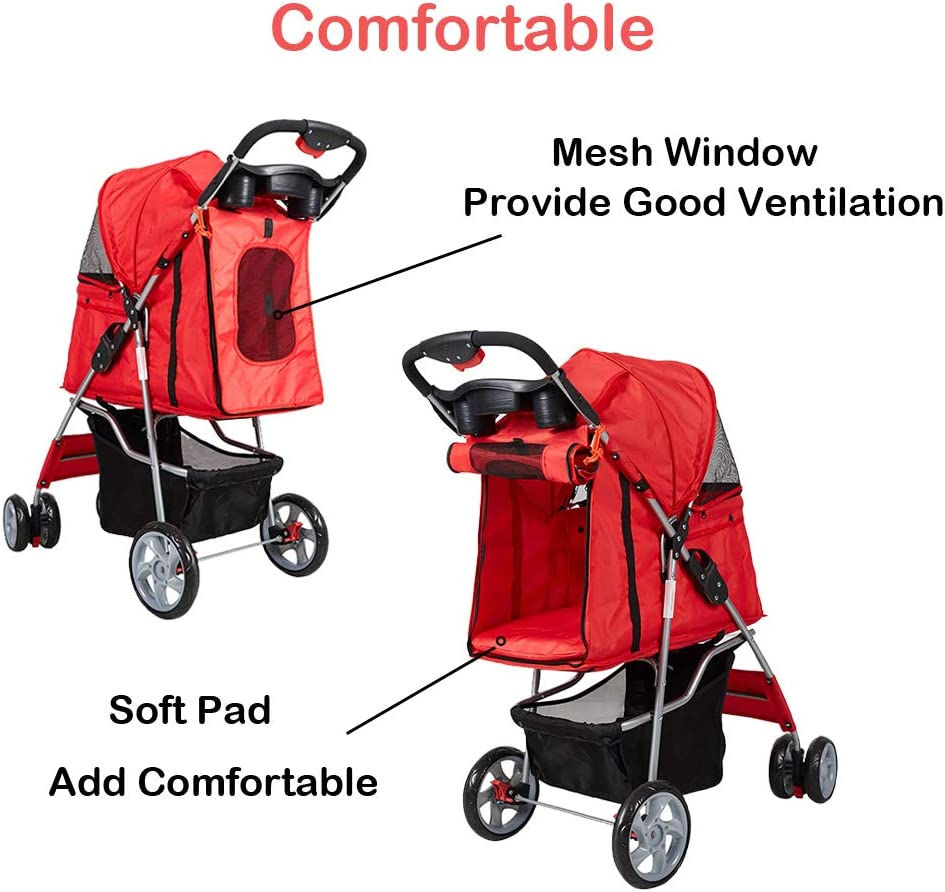 Folding Pet Stroller Elite Jogger Kitten Puppy Easy Walk Dog Cat Small Animals Travel Carrier, Red