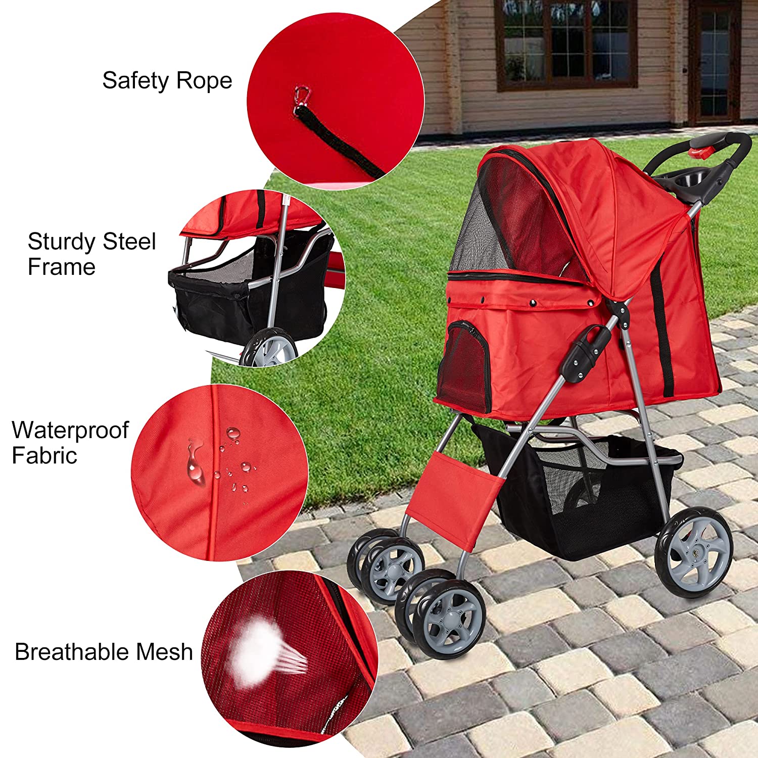 Folding Pet Stroller Elite Jogger Kitten Puppy Easy Walk Dog Cat Small Animals Travel Carrier, Red