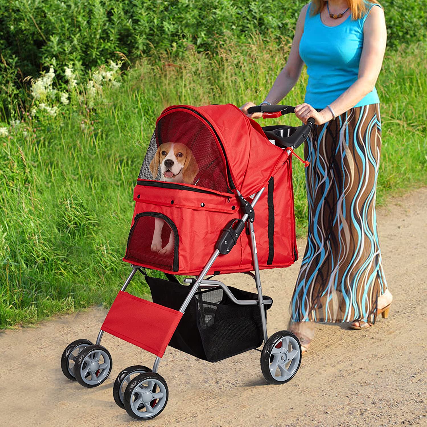 Folding Pet Stroller Elite Jogger Kitten Puppy Easy Walk Dog Cat Small Animals Travel Carrier, Red