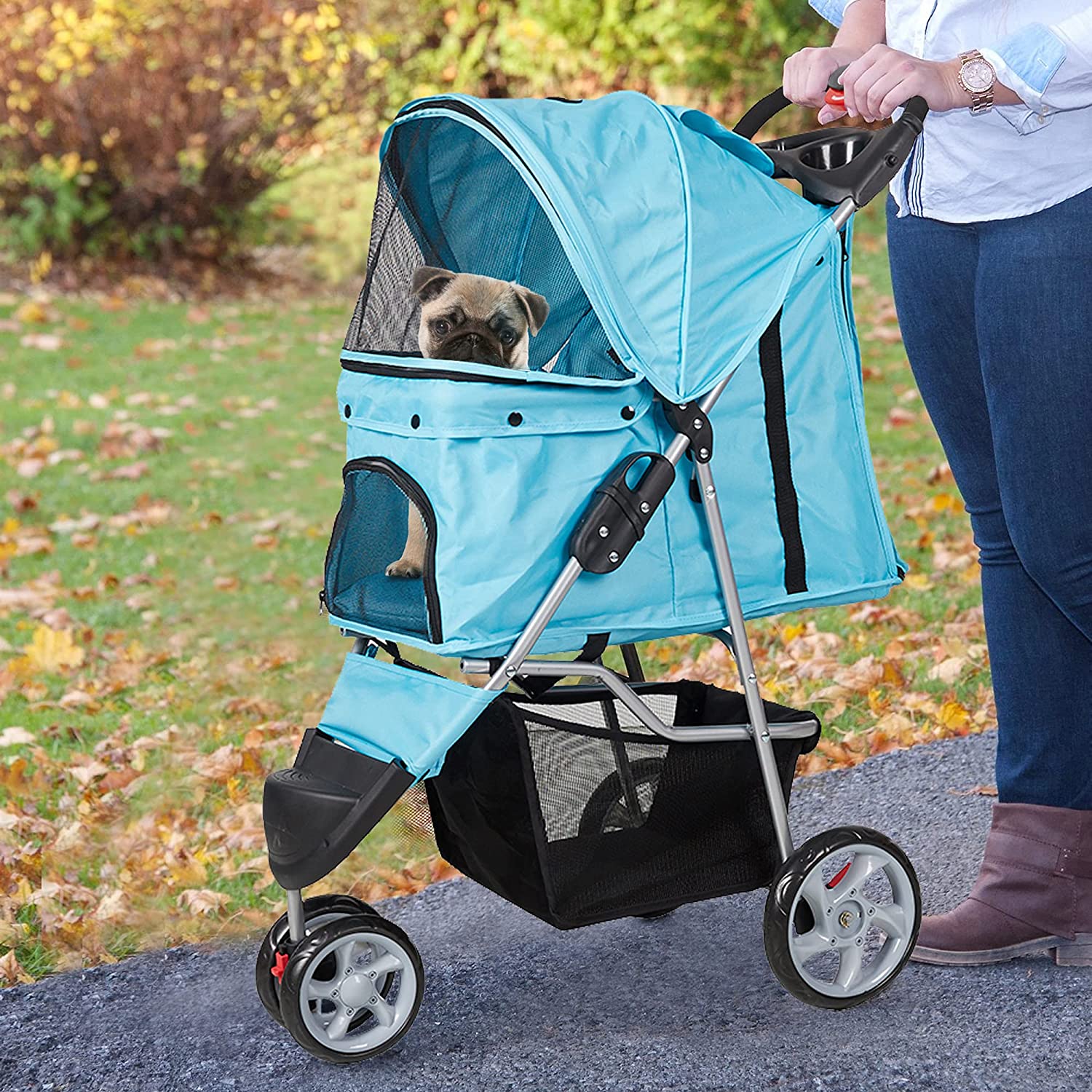 (Out of Stock) Pet Stroller for Dog Cat Small Animal Folding Walk Jogger Travel Carrier Cart with Three Wheels, Blue