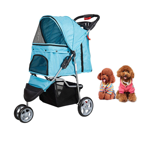 Pet Stroller for Dog Cat Small Animal Folding Walk Jogger Travel Carrier Cart with Three Wheels, Blue