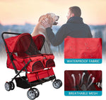Double Folding Dog & Cat Stroller Two-Seater Pet Carrier Cart, Red