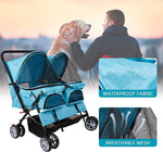 Folding 4 Wheels Double Pet Stroller Two-Seater Carrier Cart, Blue