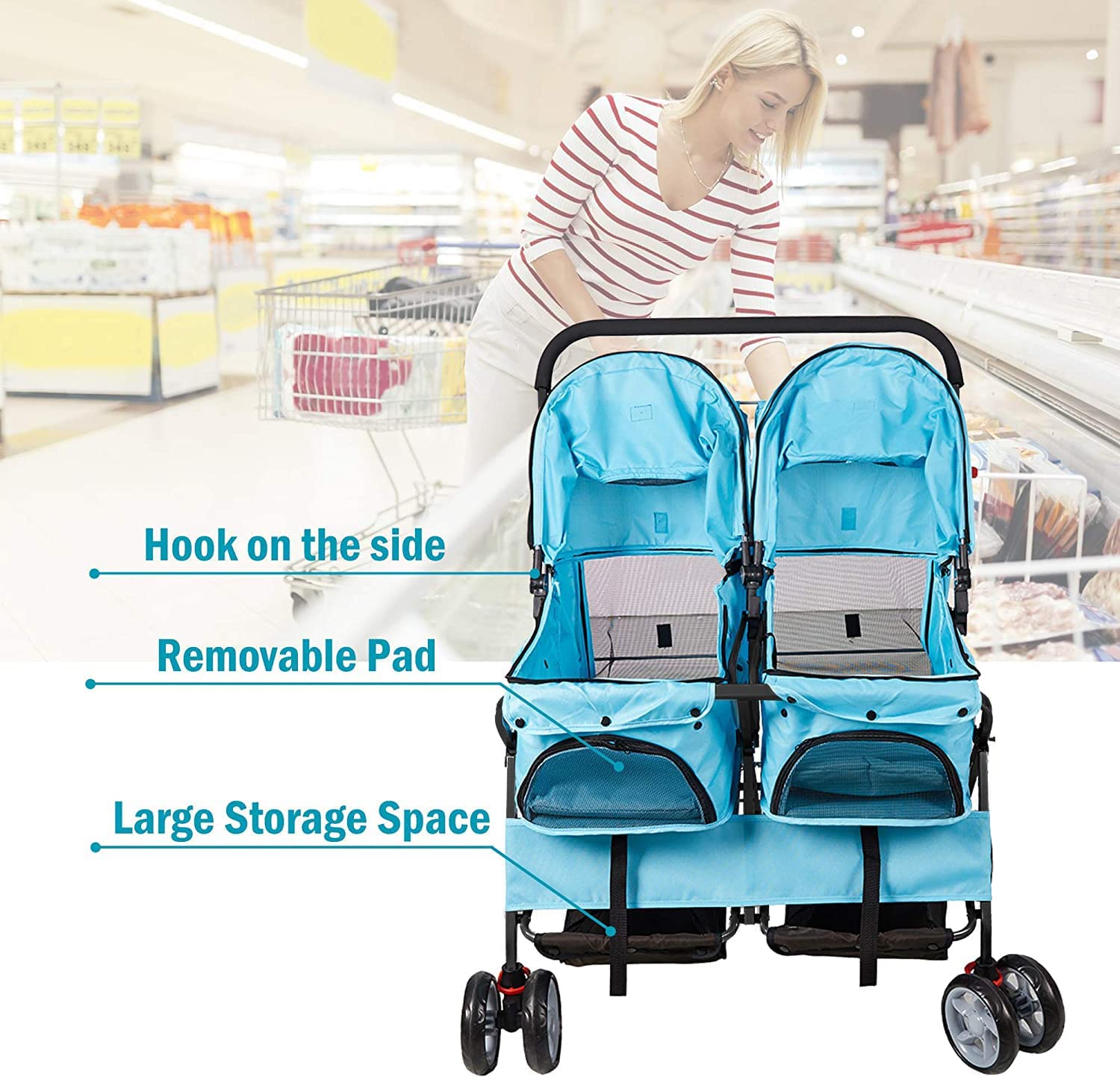 Folding 4 Wheels Double Pet Stroller Two-Seater Carrier Cart, Blue