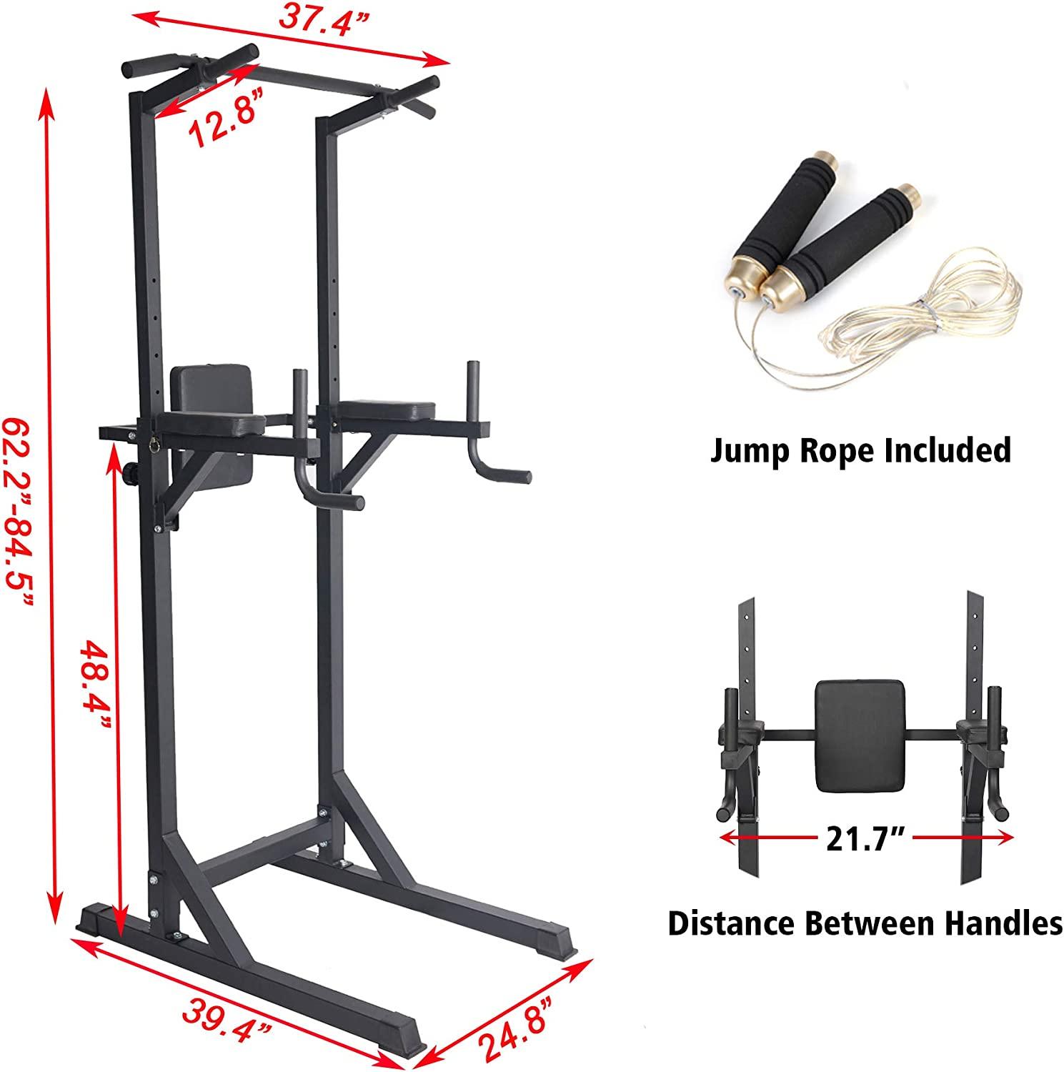 Adjustable Height 62.2" to 84.5" Strength Power Tower Dip Station Pull Up Bar Workout Equipment, Holds Up to 660LBS
