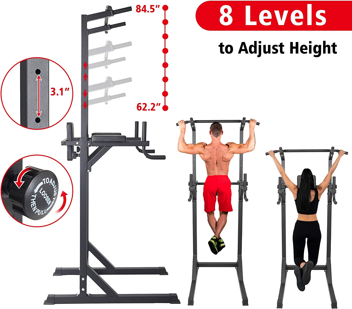 Strength Power Tower Dip Station Pull Up Bar Workout Equipment, Adjustable Height 62.2" to 84.5", Holds Up to 660LBS