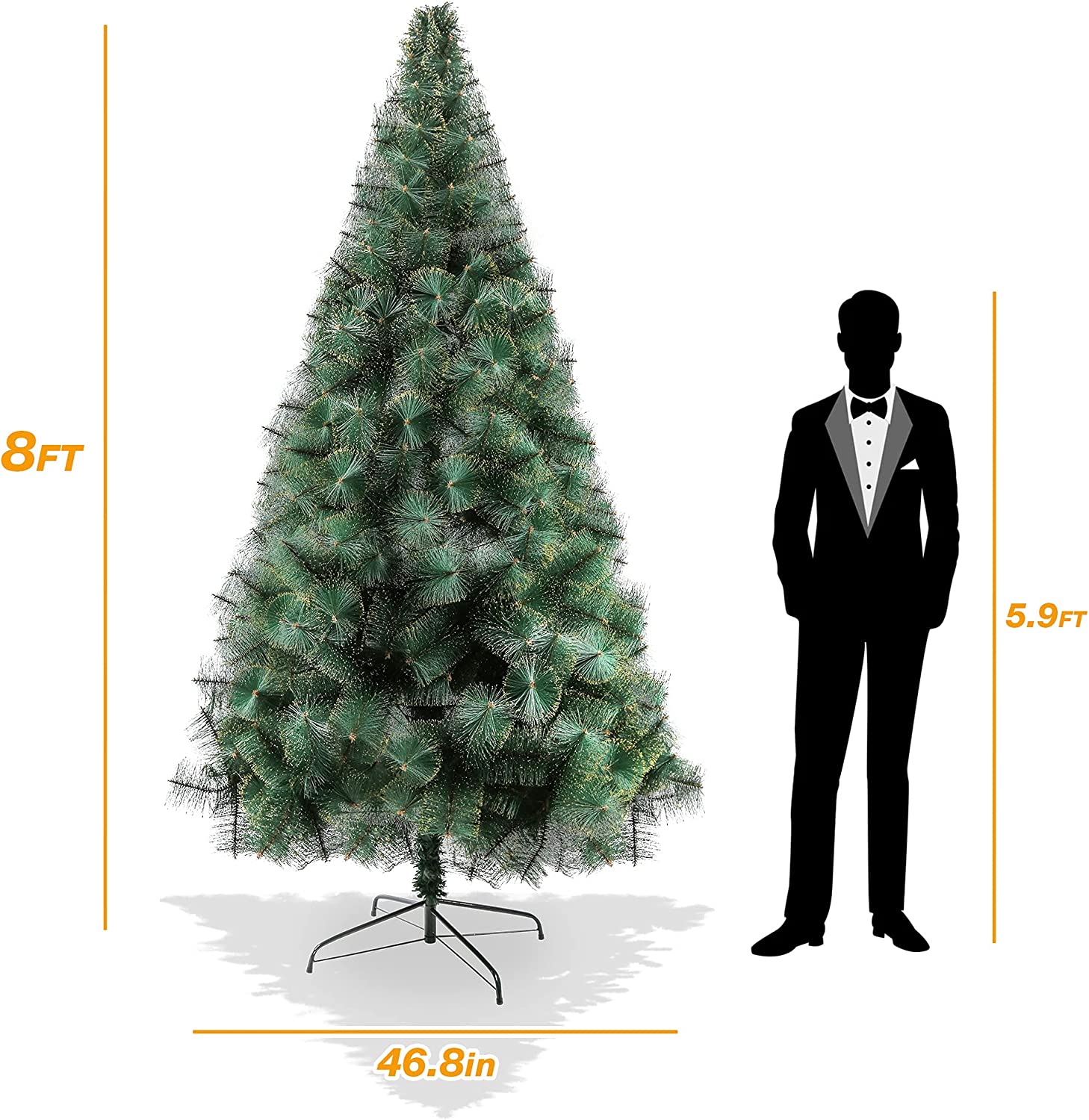 8' Classic Pine Artificial Christmas Tree Artificial Realistic Natural Branches with Solid Metal Stand with Golden Highlights